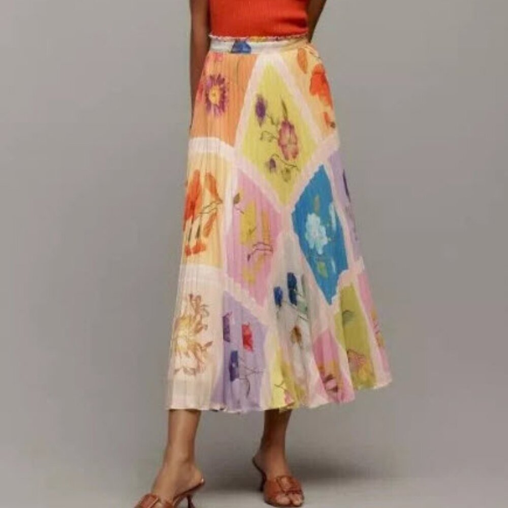 NWT Anthropologie Isobel Silky Pleated Maxi Skirt Medium Multicolor Floral Vibra